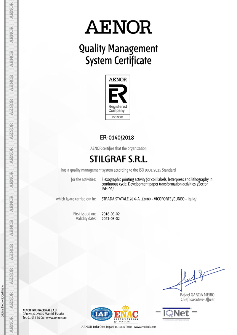Certificato del sistema di gestione Stilgraf